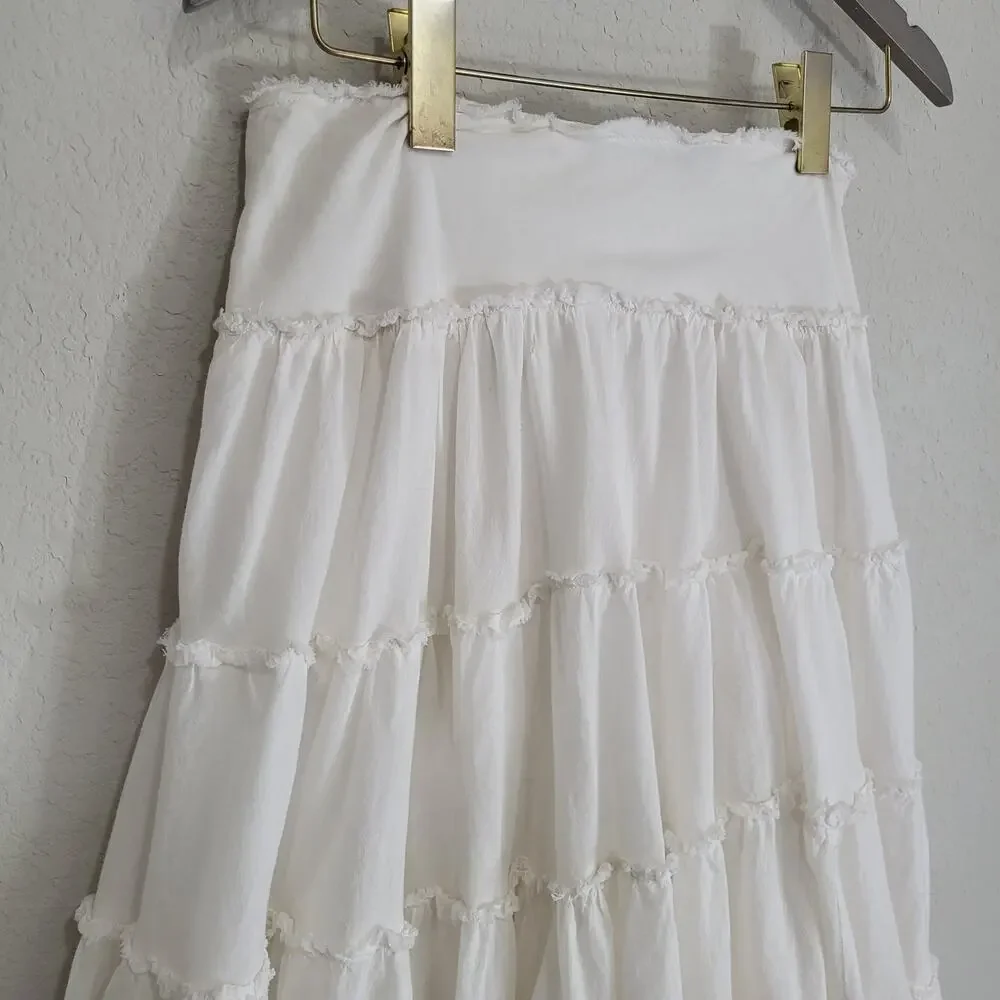 Ing White Tiered Cotton Skirt Size S Ruffle Boho Cottagecore Midi Below Knee - Picture 9 of 12